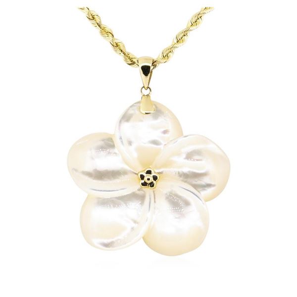 Plumeria Shaped Mother of Pearl Pendant and Chain - 14KT Yellow Gold