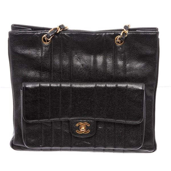 Chanel Vintage Black Caviar Leather Vertical Shoulder Bag