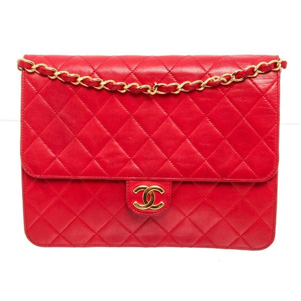 Chanel Red Lambskin Half Flap Shoulder Bag