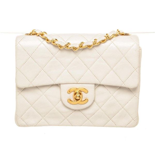 Chanel White Leather Mini Square Flap Shoulder Bag