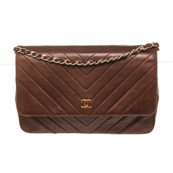 Chanel Brown Leather Chevron Sinlge Flap Shoulder Bag