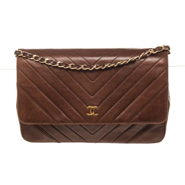 Chanel Brown Leather Chevron Sinlge Flap Shoulder Bag