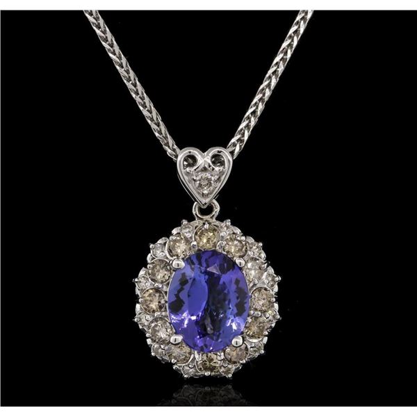 3.56 ctw Tanzanite and Diamond Pendant With Chain - 14KT White Gold