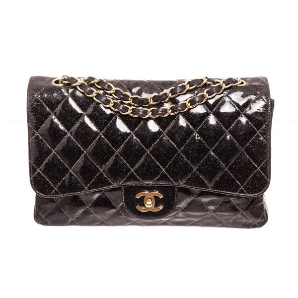 Chanel Black Glitter Patent Leather Jumbo Flap Shoulder Bag