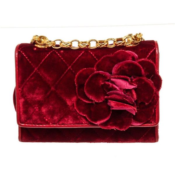 Chanel Burgundy Velvet Mini Camelia Flap Shoulder Bag