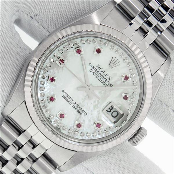 Rolex Mens Stainless Steel Mother Of Pearl Diamond & Ruby Datejust Wristwatch