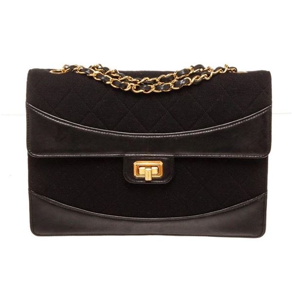 Chanel Black Jersey Leather Vintage Mademio Flap Bag