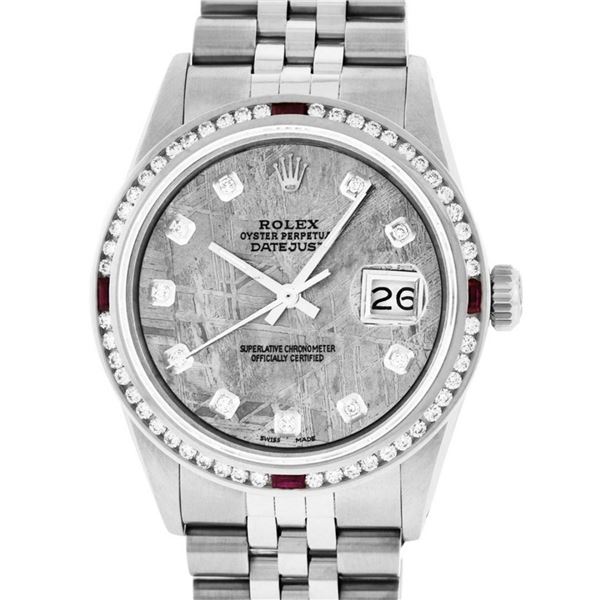 Rolex Mens SS Meteorite Diamond & Ruby Channel Set Diamond Datejust 36MM