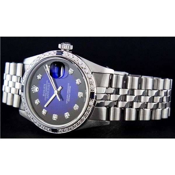 Rolex Mens Stainless Steel Blue Vignette Diamond & Sapphire Datejust Wristwatch