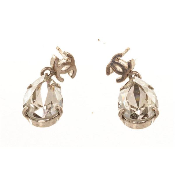 Chanel Silver CC Rhinestone Earrings