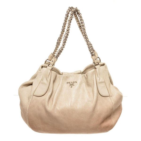 Prada Beige Metallic Leather Chain Shoulder Bag