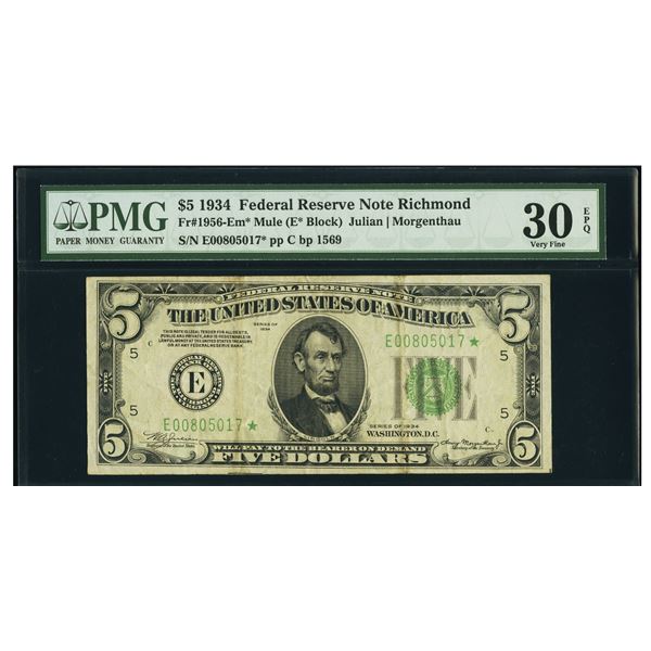 1934 $5 STAR Mule Richmond FRN PMG 30EPQ