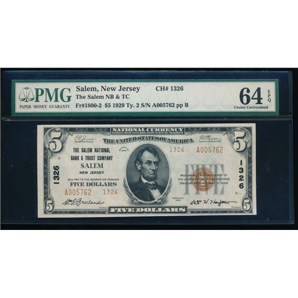 1929 $5 Salem NJ National PMG 64EPQ