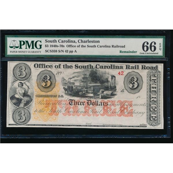 1840-70s $3 Charleston SC Obsolete PMG 66EPQ