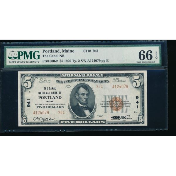 1929 $5 Portland ME National PMG 66EPQ