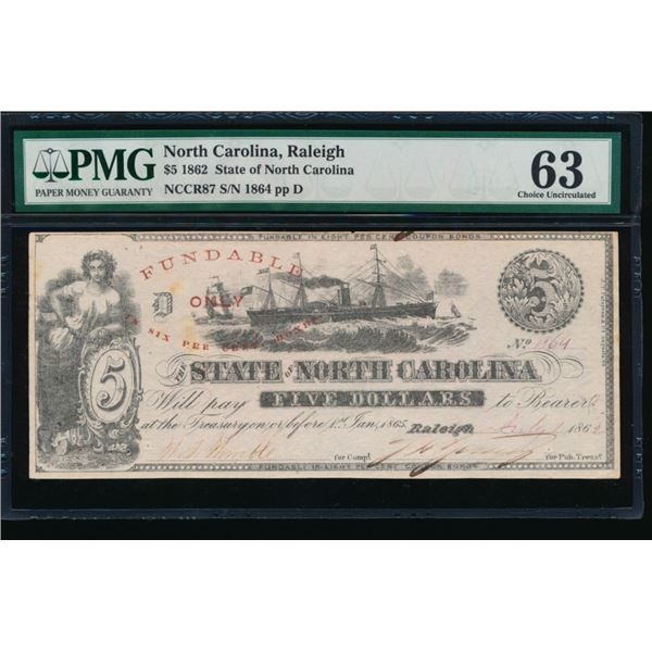 1862 $5 Raleigh NC Obsolete Note PMG 63