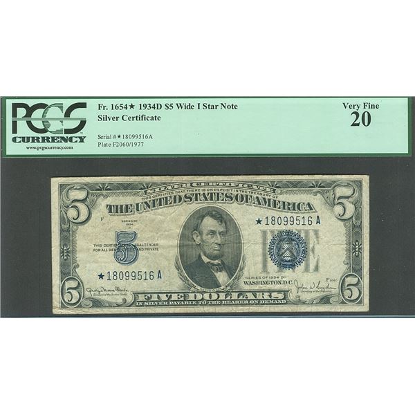 1934D $5 STAR Silver Certificate PCGS 20