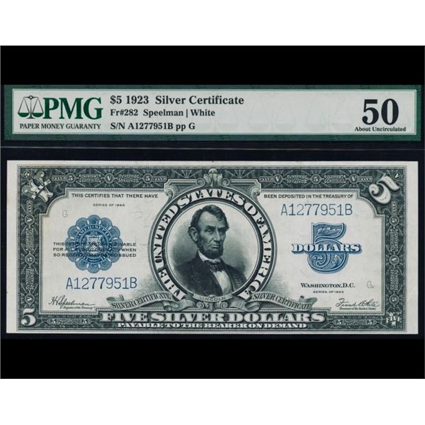 1923 $5 Lincoln Porthole Silver Cert PMG 50