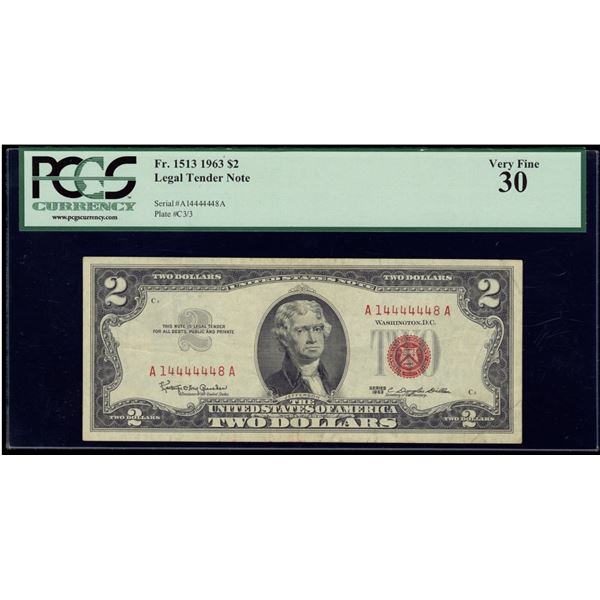 1963 $2 Fancy Serial Legal Tender PCGS 30