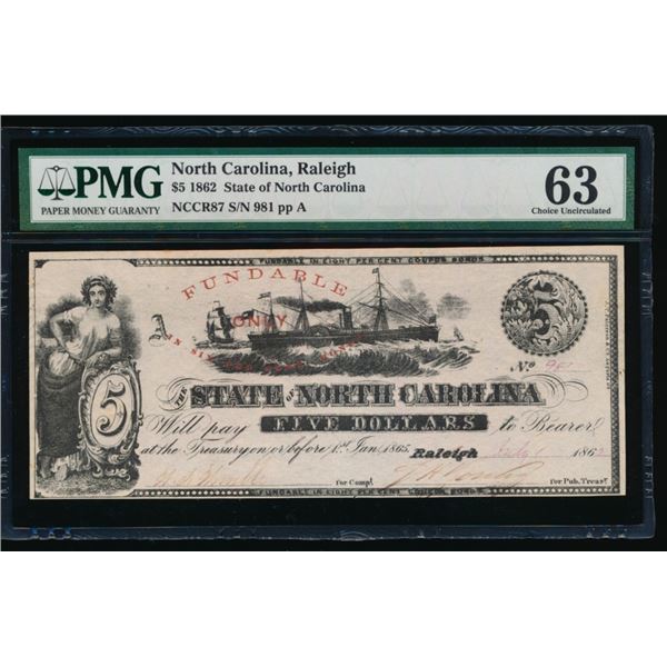 1862 $5 Raleigh NC Obsolete Note PMG 63