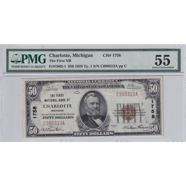 1929 $50 Charlotte MI National PMG 55