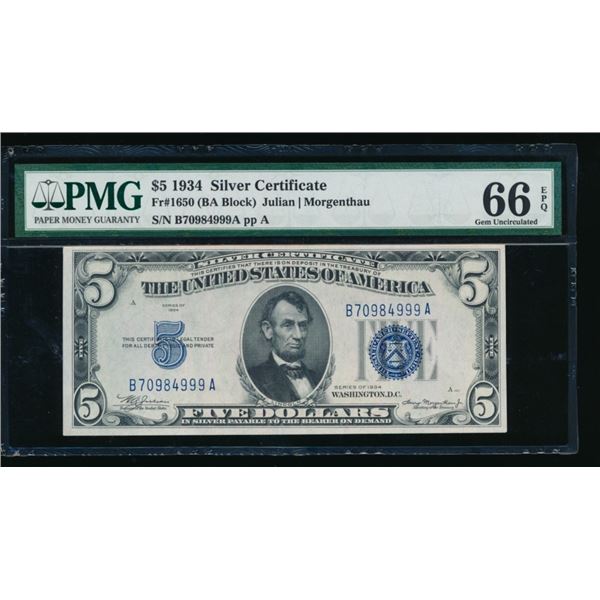 1934 $5 Silver Certificate PMG 66EPQ