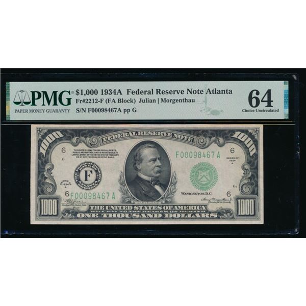1934A $1000 Atlanta FRN PMG 64