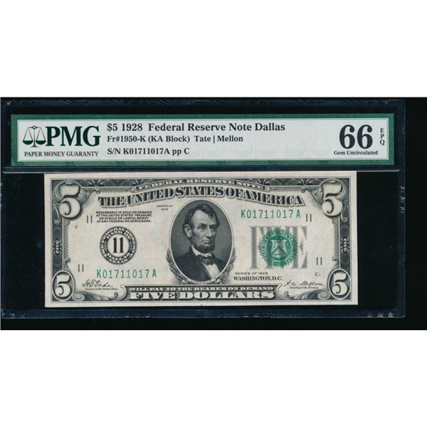 1928 $5 Dallas FRN PMG 66EPQ