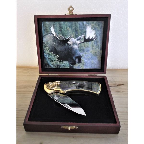 Knife with Moose Image Inlay - In Box