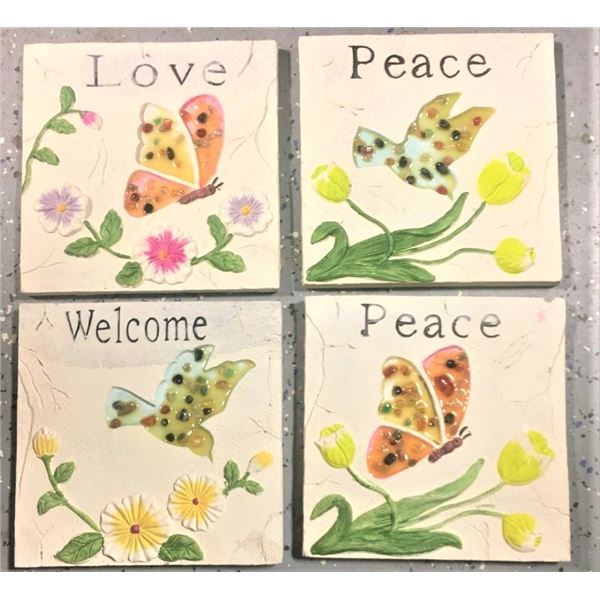 Four 8" Square Tiles, can hang on wall or be used in garden