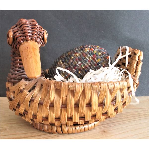 Wicker Bird With Hand Beaded Egg