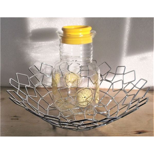 Metal Fruit Bowl and Pyrex Lemonade Pitcher