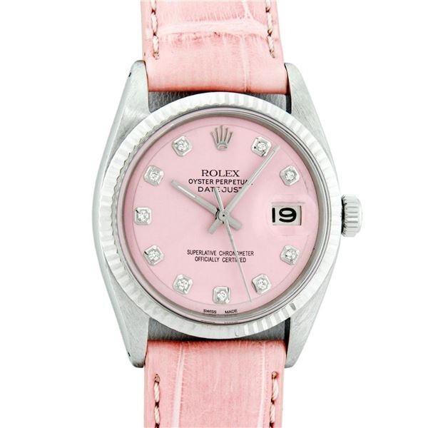 Rolex Stainless Steel Pink Diamond 36MM Datejust Wristwatch With Pink Leather St