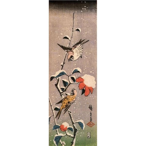 Hiroshige Sparrows and Camelias with Snow