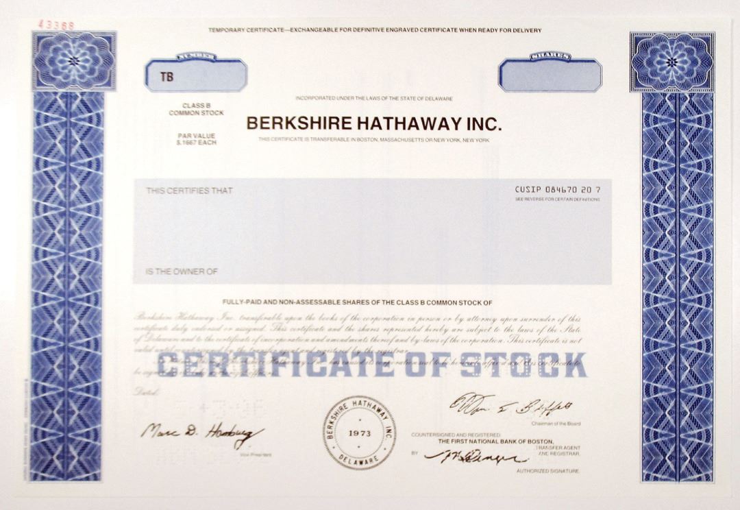 Berkshire Hathaway Inc 1996 Specimen Stock Certificate With Warren berkshire-hathaway-inc-1996-specimen-stock-certificate-with-warren