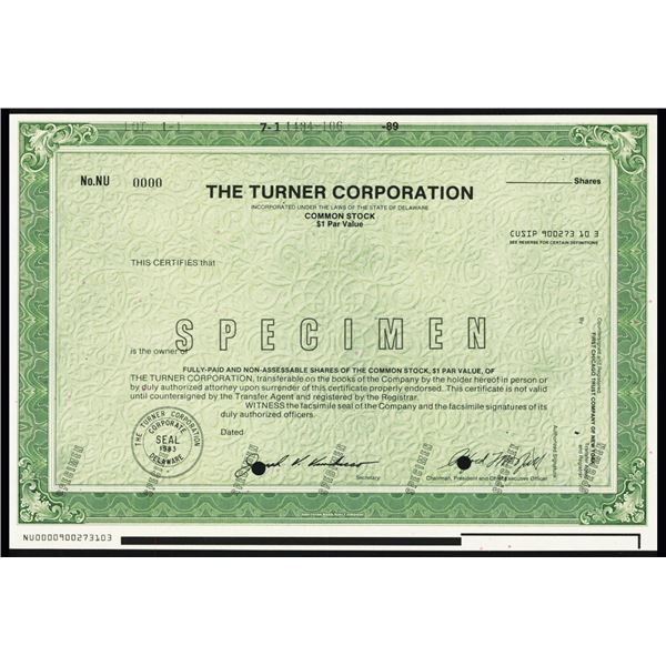 Turner Corp., 1989, Specimen $500,000 Registered Bond - CNN Parent Company.