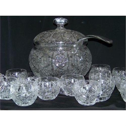Lidded German Cut Glass Punchbowl, Ladle, Cups 2273853