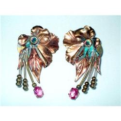 Huge Art Nouveau Copper & Rhinestone Earrings #2294195