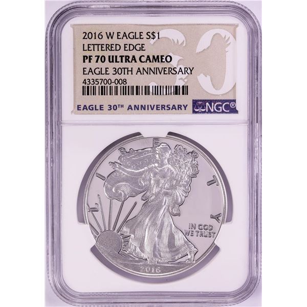 2016-W Lettered Edge $1 Proof American Silver Eagle Coin NGC PF70 Ultra Cameo