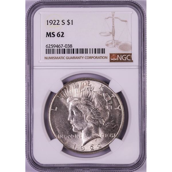 1922-S $1 Peace Silver Dollar Coin NGC MS62