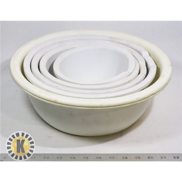 5 BOWLS- WHITE, ASSORTED SIZES