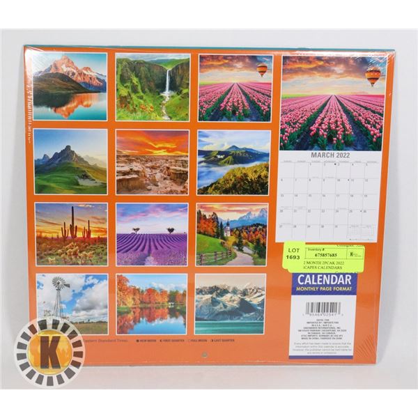 NEW 12 MONTH 2PCAK 2022 LANDSCAPES CALENDARS