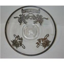 old ANNIVERSARY Silver Flower GLASS BOWL plate #2270474