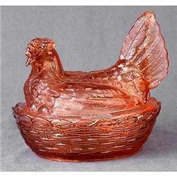 REPRODUCTION PINK GLASS HEN DISH / REPRODUCTION#2270922