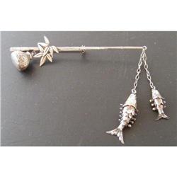 Fishing Pole, Fish & Creel Sterling Pin c1940 #2271353