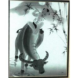 Asian Painting on Silk, Flute Player on Buffalo#2271556