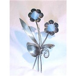 Sterling Flower Pin PearlescentBlue Czech Glass#2271576