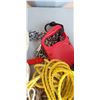 Image 6 : BOX WITH ASSORTED ROPE, PEG BOARD HOOKS, AND DOG LEASH