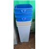 Image 1 : THREE MEDIUM BLUE RECYCLING CANS AND THREE MEDIUM RUBBERMAID TRASH CANS