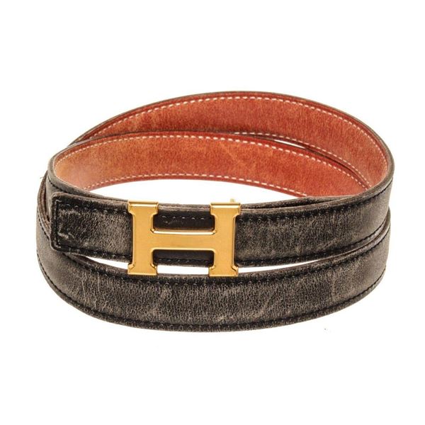Hermes Black Brown Vintage Skinny Leather H Belt